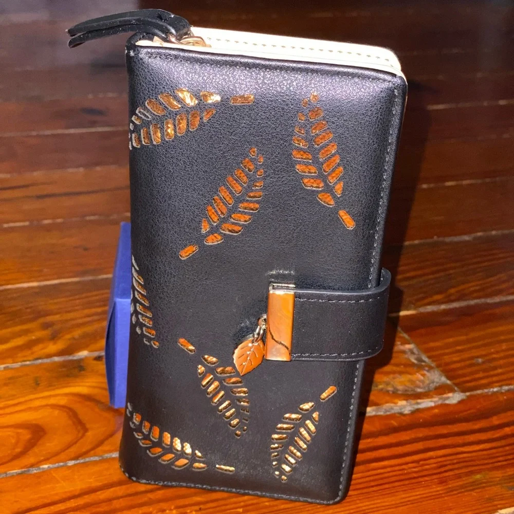 Vegan Leather Black & Gold Wallet Leaf Cut Out Design NWOT